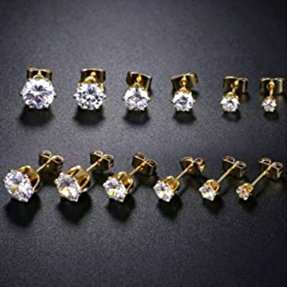 18k Gold Plated Cubic Zirconia Stud Earrings Set of 6 pairs NWT